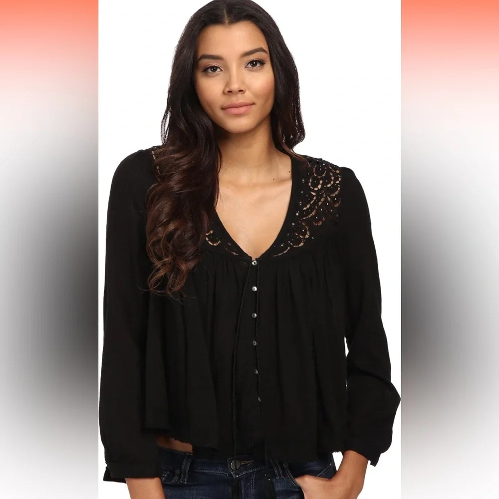 Free People Boho Black Flowy Cutout Lace Detail sz XS/S Elaved Boho Festivalcore